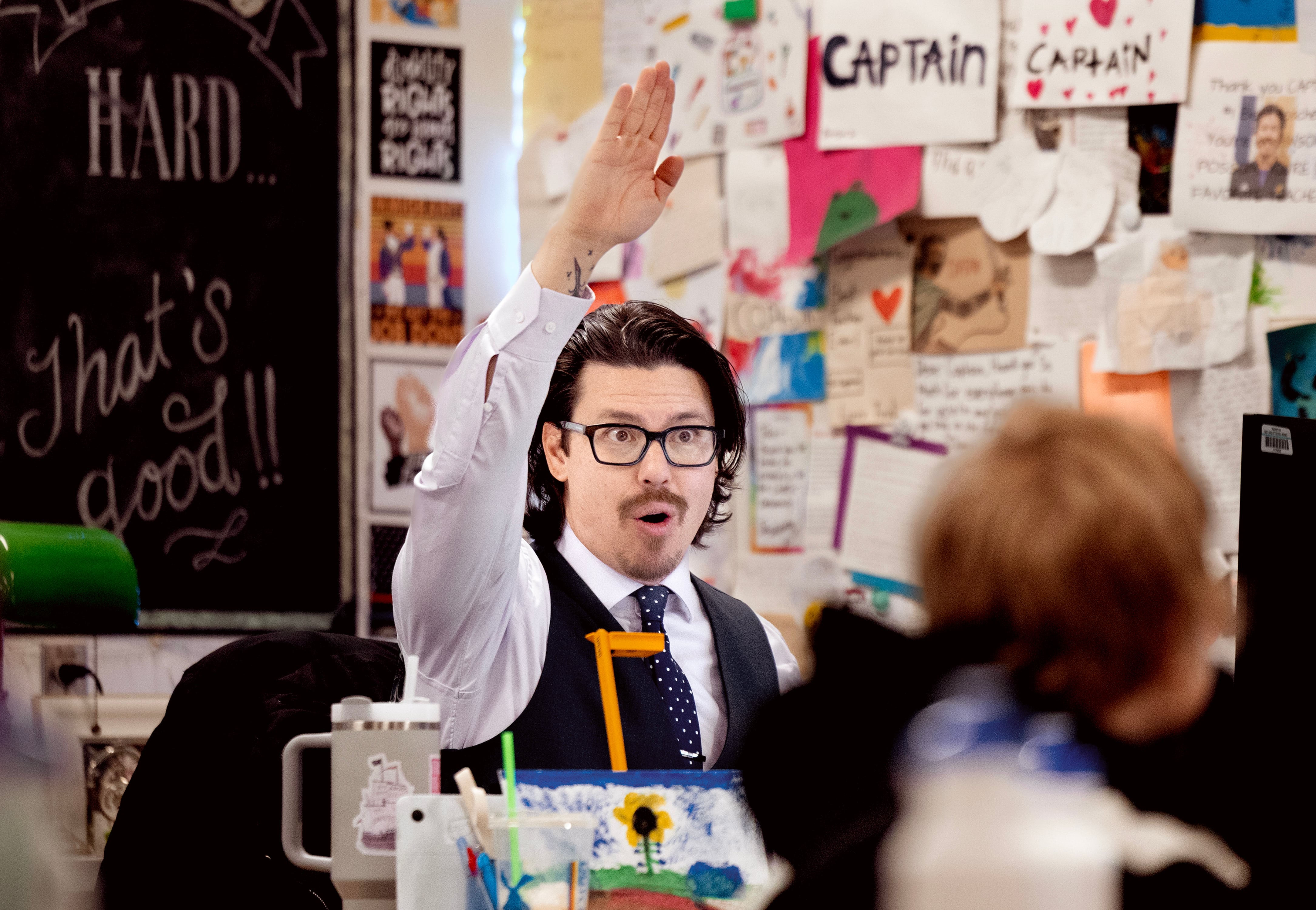 Rep. John Arthur, D-Holladay, teaches his students about the stock market at Meadowlark Elementary School in Salt Lake City on Jan. 29.