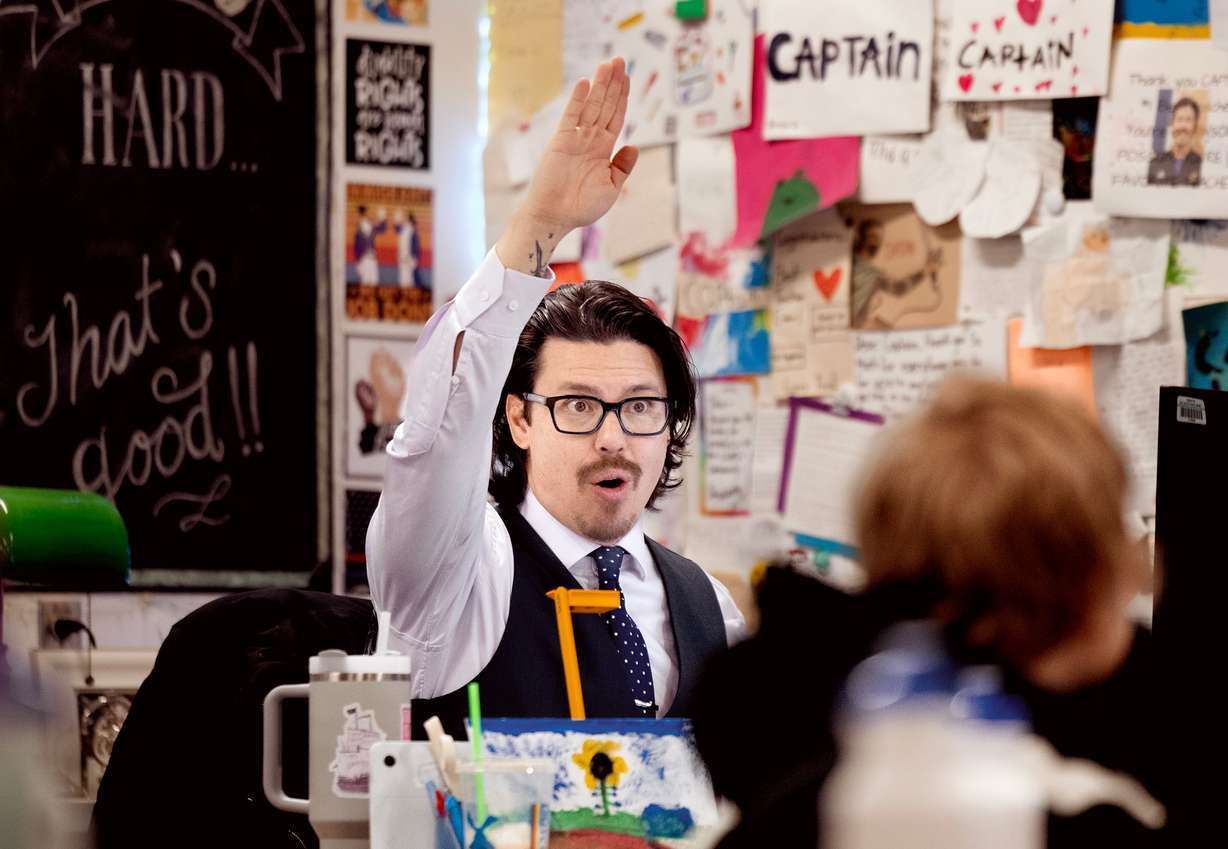 Rep. John Arthur, D-Holladay, teaches his students about the stock market at Meadowlark Elementary School in Salt Lake City on Jan. 29.
