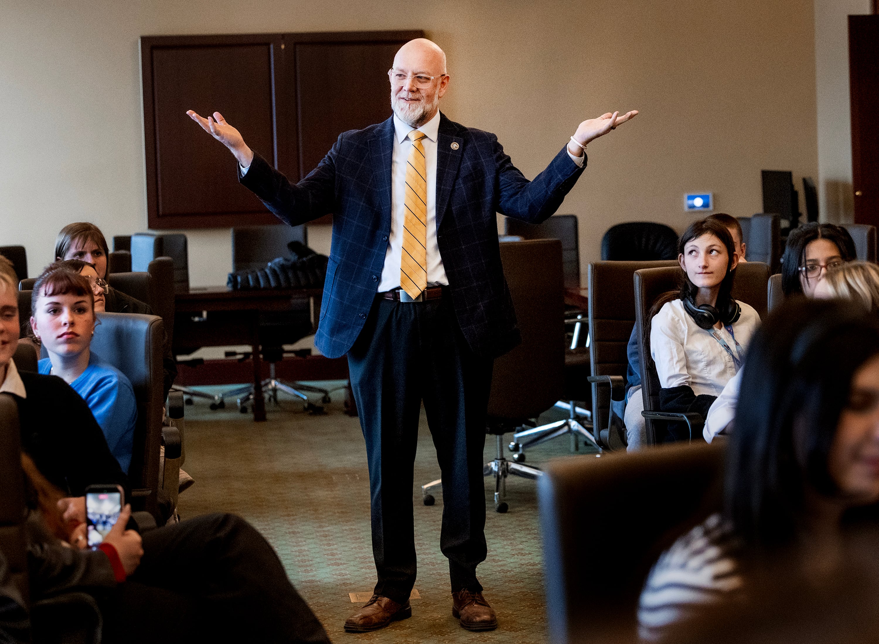 Rep. Doug Welton, R-Payson, a Salem Hills High School teacher, speaks to his debate team at the Capitol in Salt Lake City on Jan. 28.