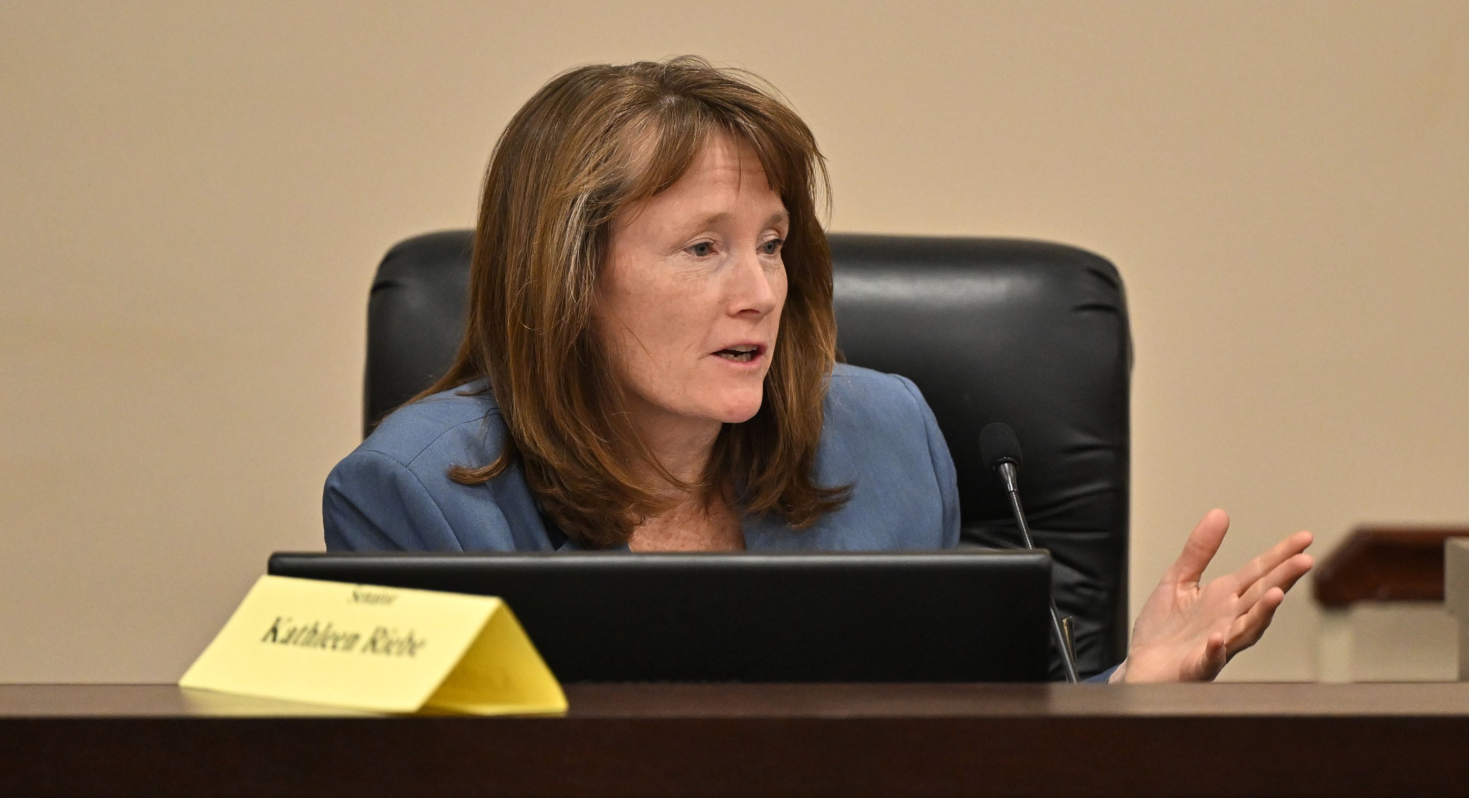 Sen. Kathleen Riebe, D-Cottonwood Heights, makes a comment as the Senate Education Committee hears discussion on SB178 to prohibit devices in schools during school hours in the Senate building at the Capitol in Salt Lake City on Feb. 4, 2025.