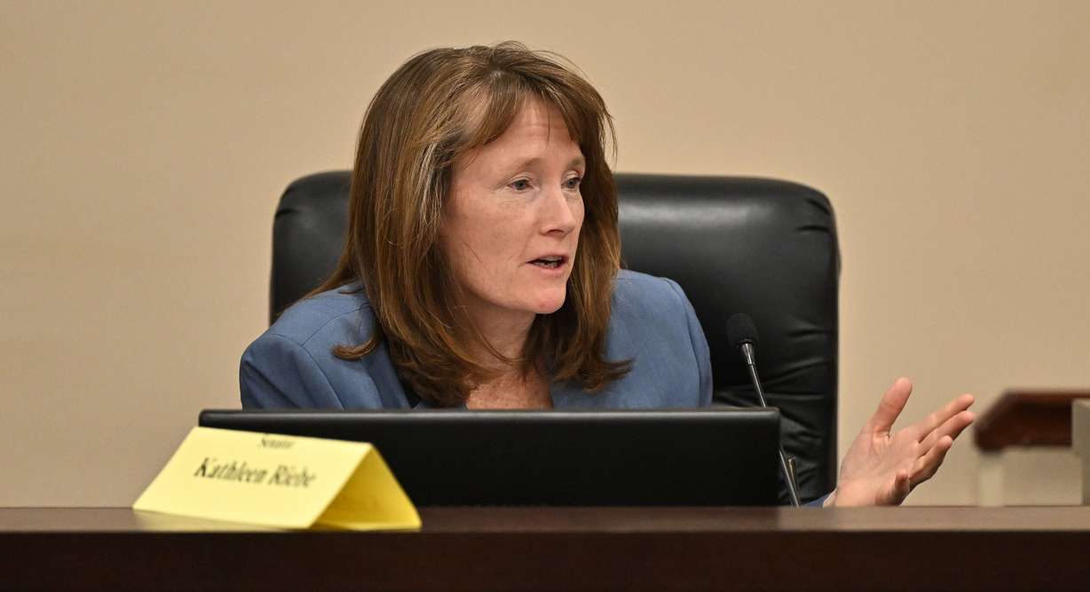 Sen. Kathleen Riebe, D-Cottonwood Heights, makes a comment as the Senate Education Committee hears discussion on SB178 to prohibit devices in schools during school hours in the Senate building at the Capitol in Salt Lake City on Feb. 4, 2025.