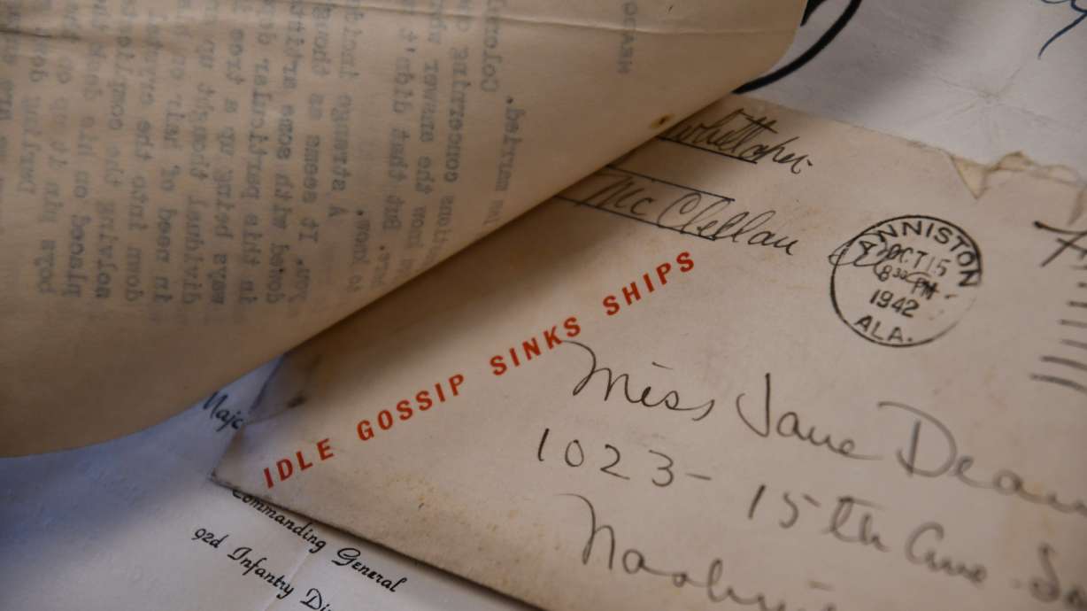 An envelope from a Black soldier stationed in Alabama written to his wife in Nashville in 1942 shows a stamp that says "Idle Gossip Sinks Ships," Monday, in Nashville, Tenn. Highlights of the more than 200 letters are now on display digitally.