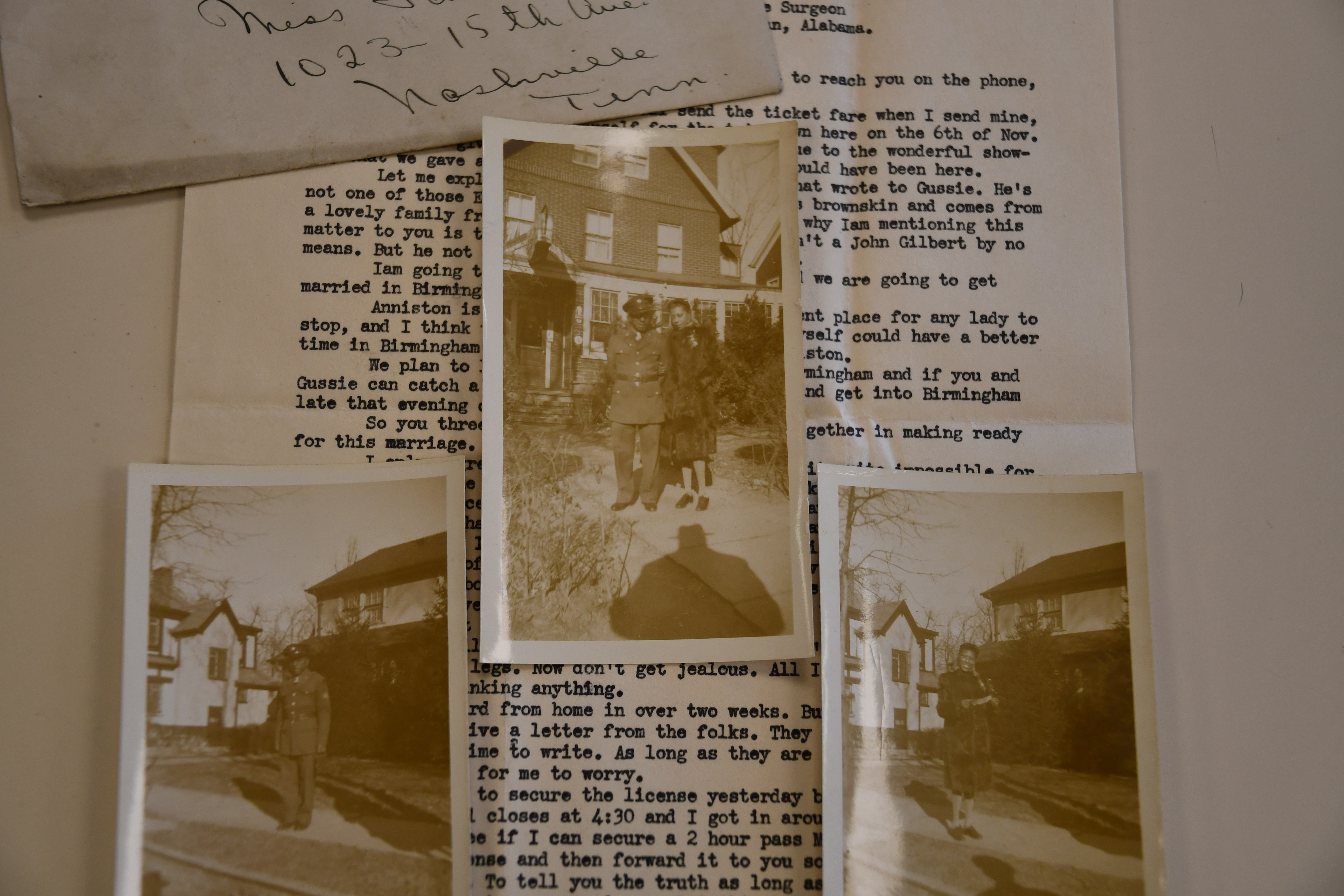 Pictures of William Raymond Whittaker and his wife, Jane Dean Whittaker, are on top of letters the two of them wrote to each other while he was serving in the military, photographed Monday, in Nashville, Tenn. The letters offer a glimpse into what a couple's courtship was like during a war.
