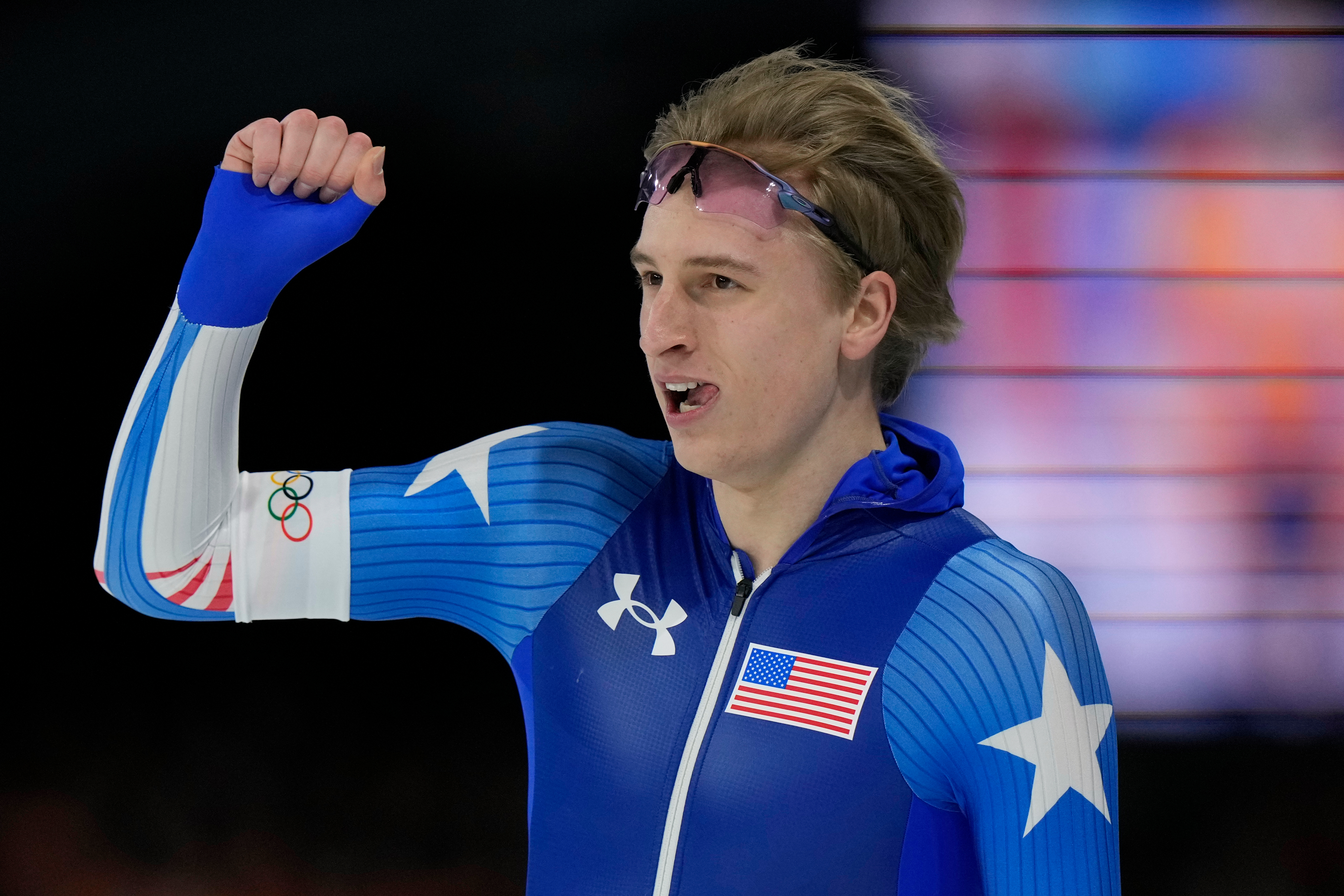 US speedskater Jordan Stolz wins the 1,000 meters gold in an Olympic-record time