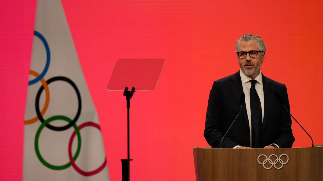 Casey Wasserman, Chairman of the Los Angeles Organizing Committee for the 2028 Olympic and Paralympic Games speaks during an IOC meeting ahead of the 2026 Winter Olympics, in Milan, Italy, Tuesday, Feb. 3, 2026.