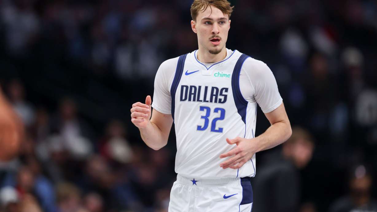 Dallas Mavericks forward Cooper Flagg (32) runs the court in the first half of an NBA basketball game against the San Antonio Spurs Thursday, Feb. 5, 2026, in Dallas.