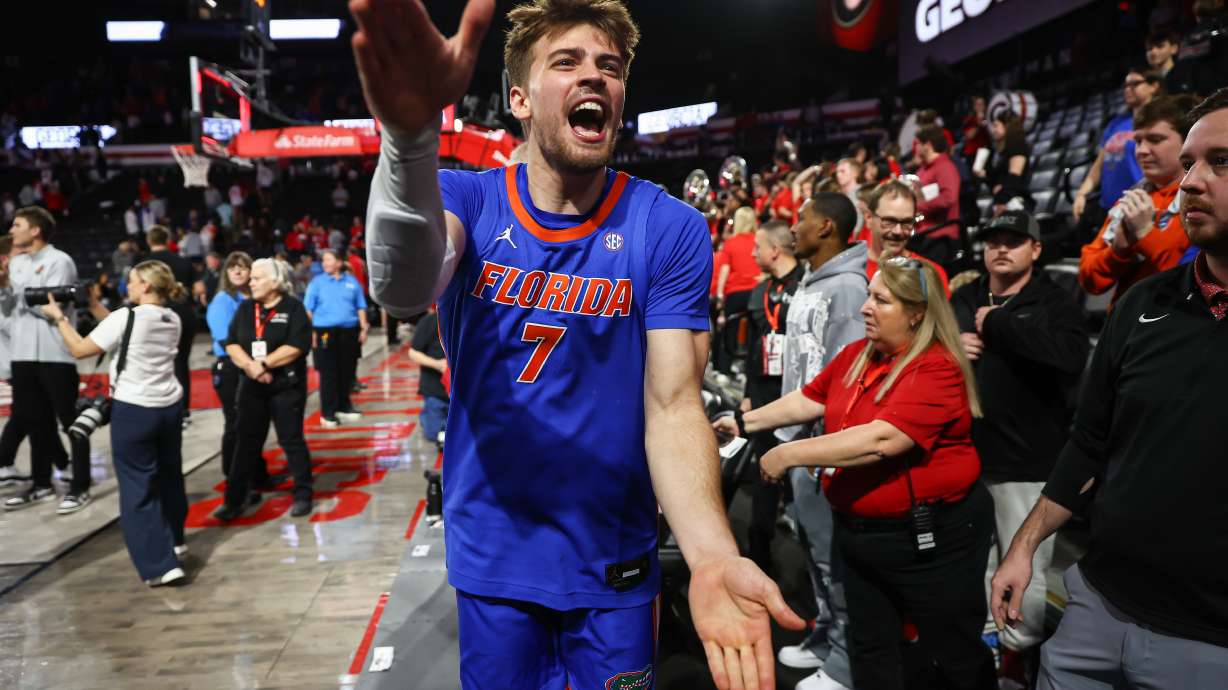 Florida guard Urban Klavzar (7) reacts after an NCAA college basketball game against Georgia, Wednesday, Feb. 11, 2026, in Athens, Ga.