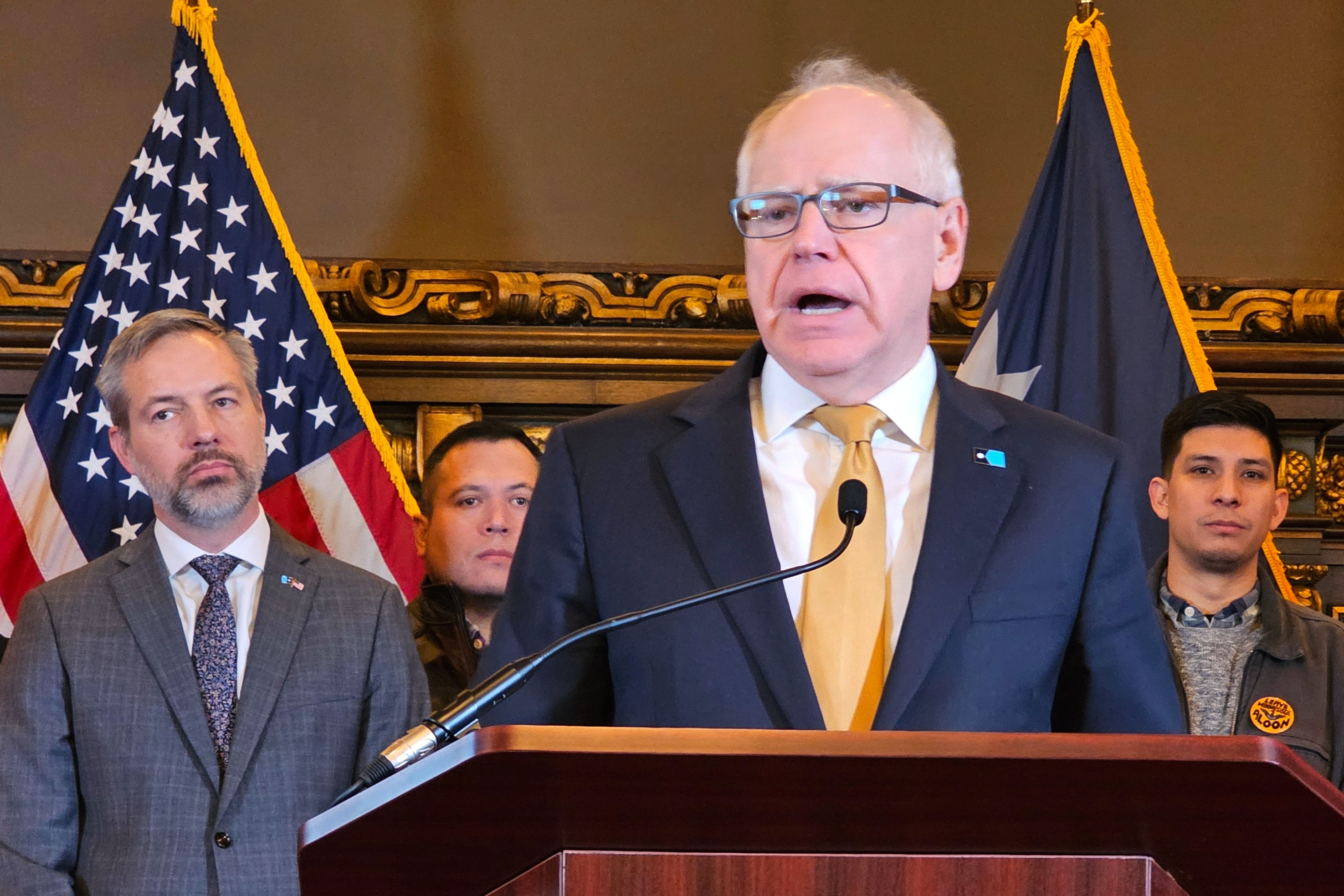 Gov. Tim Walz holds a news conference at the State Capitol in St. Paul, Minn., on Thursday.