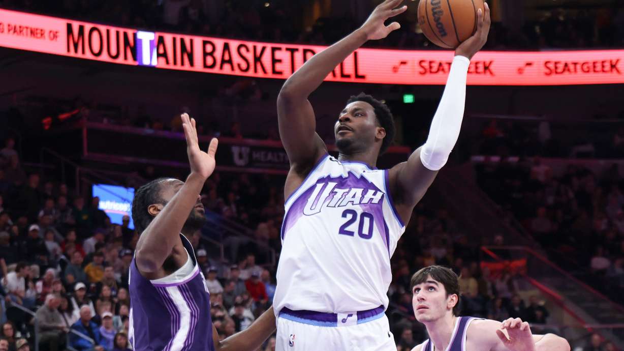 Utah Jazz forward Jaren Jackson Jr. (20) goes up for a shot against the Sacramento Kings during the second half of an NBA basketball game, Wednesday, Feb. 11, 2026, in Salt Lake City.