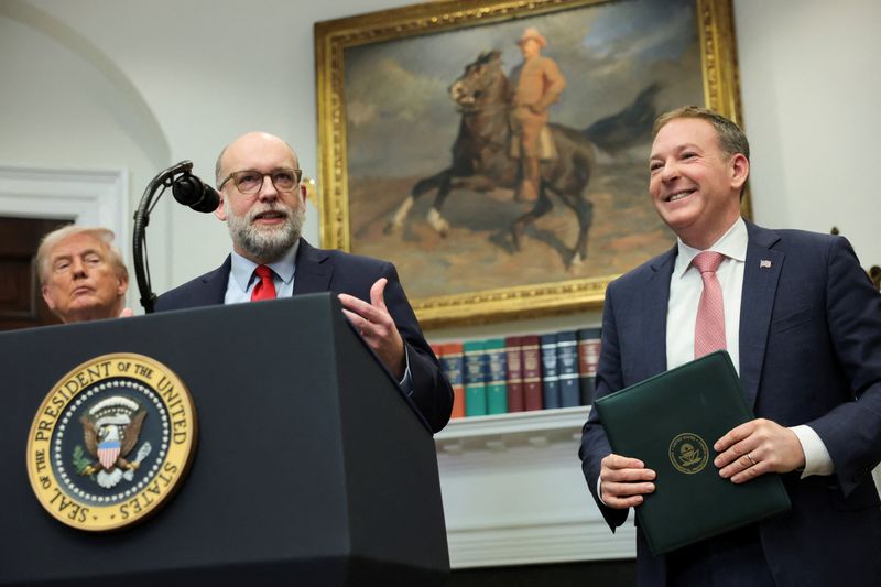 Director of the Office of Management and Budget, Russell Vought, speaks, joined by President Donald Trump and Environmental Protection Agency Administrator Lee Zeldin, at the White House in Washington, Thursday. The White House projects the repeal of an Obama-era endangerment finding will save over $1.3 trillion.