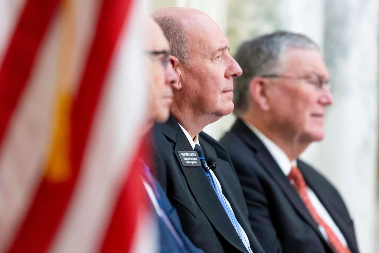 Speaker of the House Mike Moyle as Idaho Gov. Brad Little delivers his 2023 State of the State address held at the Idaho State Capitol, Jan. 9, 2023, in Boise. Moyle promised a "tit for tat" response if Utah cut the state's gas tax, which would harm Idahoans.
