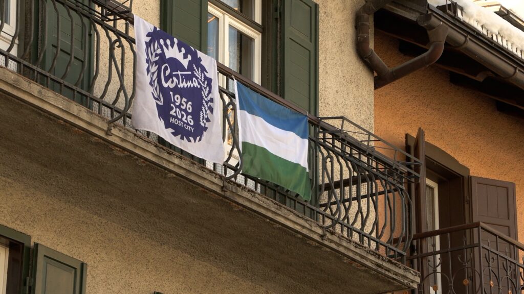 Traditional Ladin flags fly in Cortina for the Games