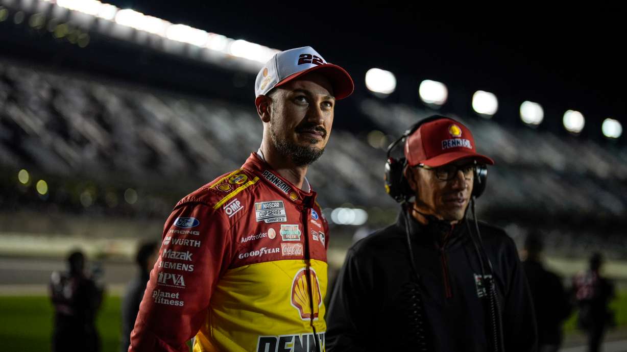 Joey Logano watches the leader board during NASCAR Daytona 500 qualifying, Wednesday, Feb. 11, 2026, in Daytona, Fla.