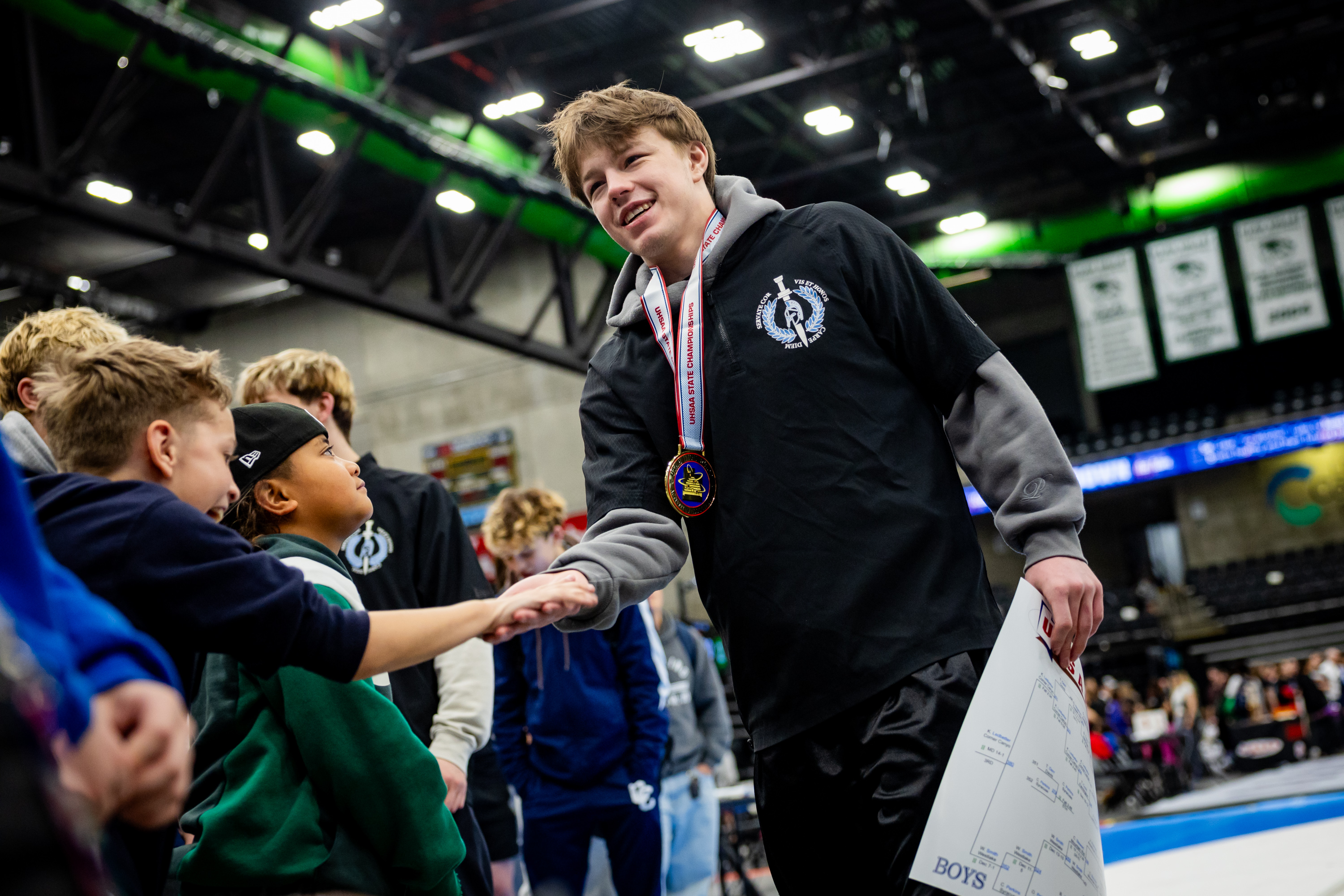 Layton's Noah Bull wins first place in the 6A boys wrestling state championships' 150-pound class at the UCCU Center in Orem on Thursday, Feb. 12, 2026.