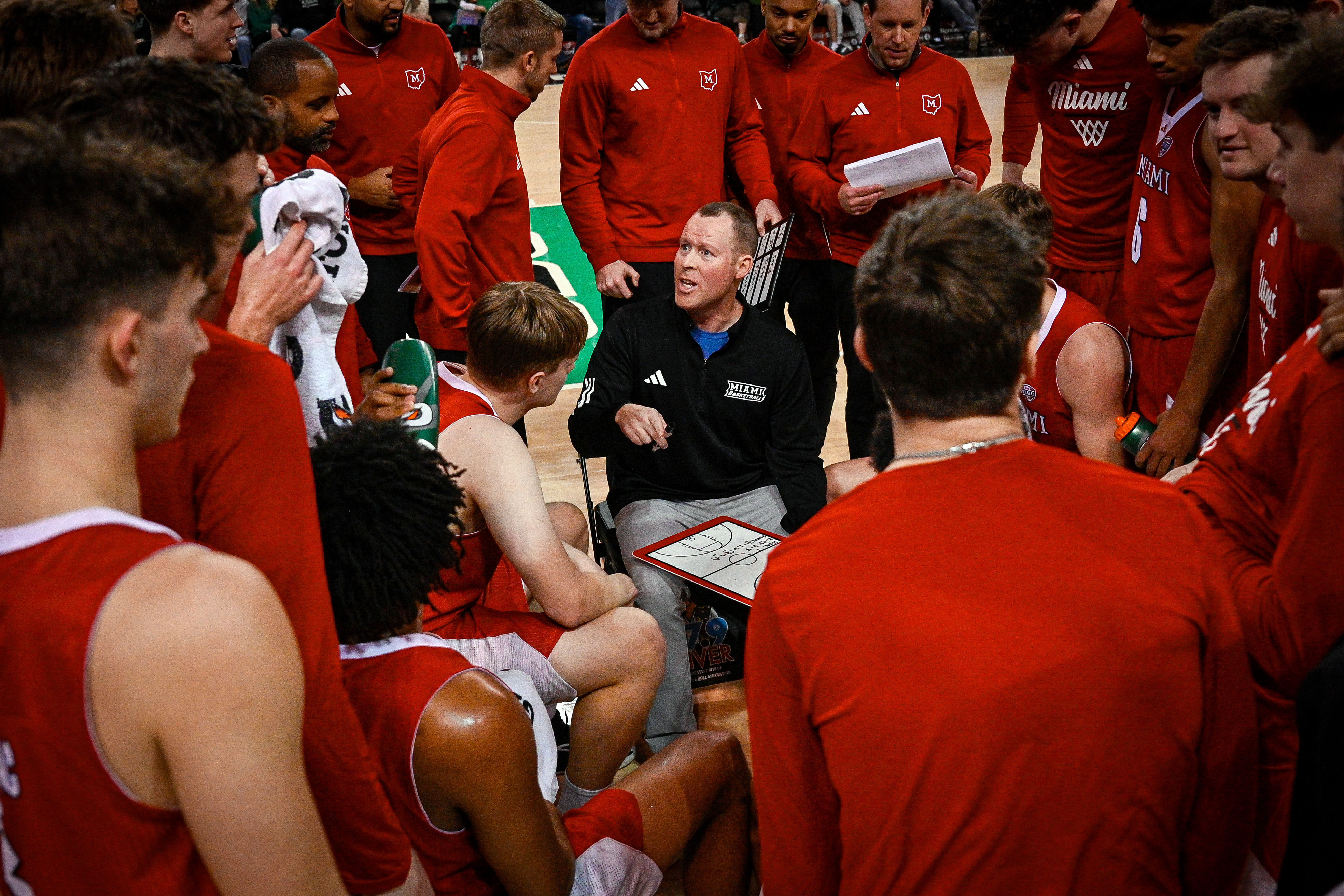 Miami (Ohio) Head Coach Travis Steele talks to his team during the second half of an NCAA college Basketball game against Marshall, Saturday, Feb. 7, 2026, in Huntington, W.Va. 