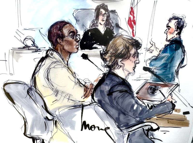 Former CNN anchor Don Lemon (L) appears in a hearing following his arrest for involvement in a protest at a church in Minnesota, in Los Angeles, Calif., Jan. 30, in this courtroom sketch. He pleaded not guilty in connection with the protest.