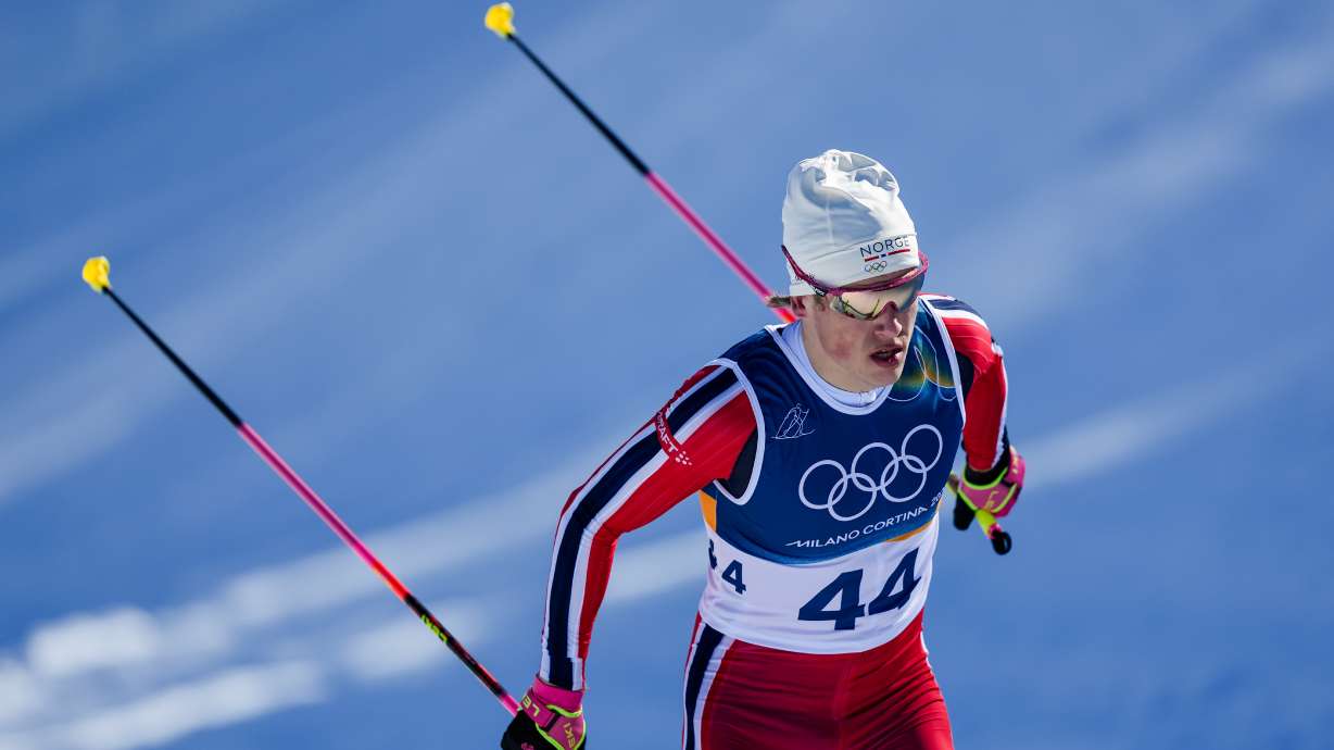 Johannes Hoesflot Klaebo, of Norway, competes in the cross country skiing men's 10km interval start free at the 2026 Winter Olympics, in Tesero, Italy, Friday, Feb. 13, 2026.