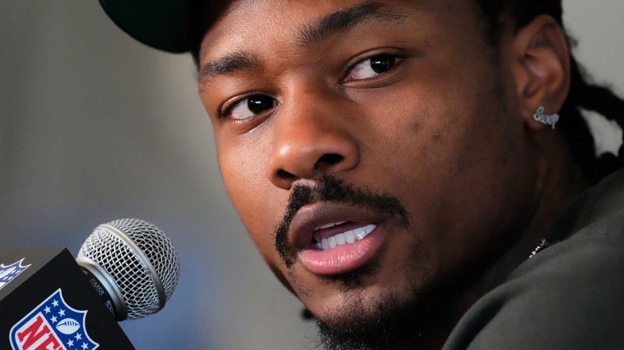 New England Patriots wide receiver Stefon Diggs talks to the media during a news conference Thursday, Feb. 5, 2026, in Santa Clara, Calif., ahead of the Super Bowl 60 NFL football game between the New England Patriots and the Seattle Seahawks.