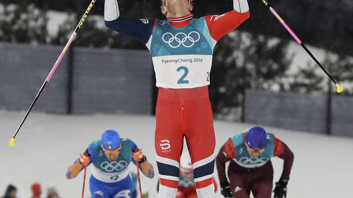FILE - Johannes Hoesflot Klaebo, of Norway, celebrates after winning the men's cross-country skiing sprint classic at the 2018 Winter Olympics in Pyeongchang, South Korea, Feb. 13, 2018.