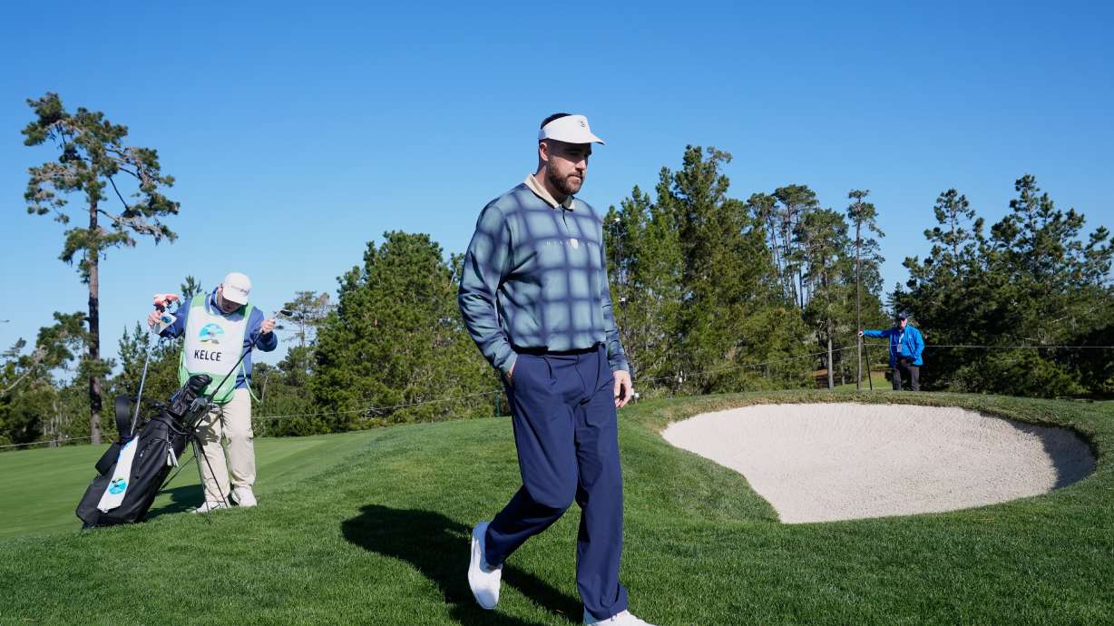 Kansas City Chiefs' Travis Kelce walks off the tenth green at Spyglass Hill Golf Course during the first round of the AT&T Pebble Beach Pro-Am golf tournament in Pebble Beach, Calif., Thursday, Feb. 12, 2026.