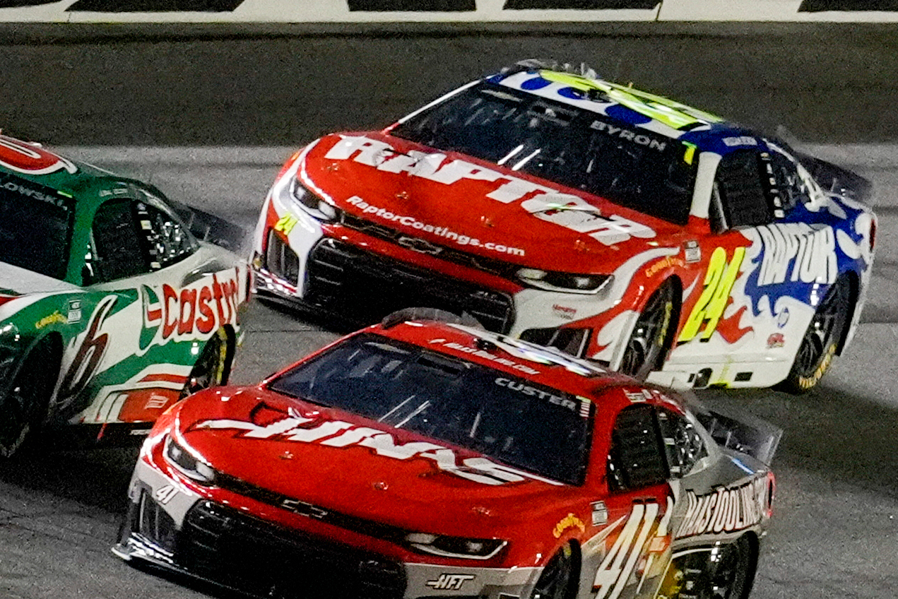 William Byron, (24) runs on the track before a crash during the first of two NASCAR Daytona 500 qualifying auto races at Daytona International Speedway, Thursday, Feb. 12, 2026, in Daytona Beach, Fla. 