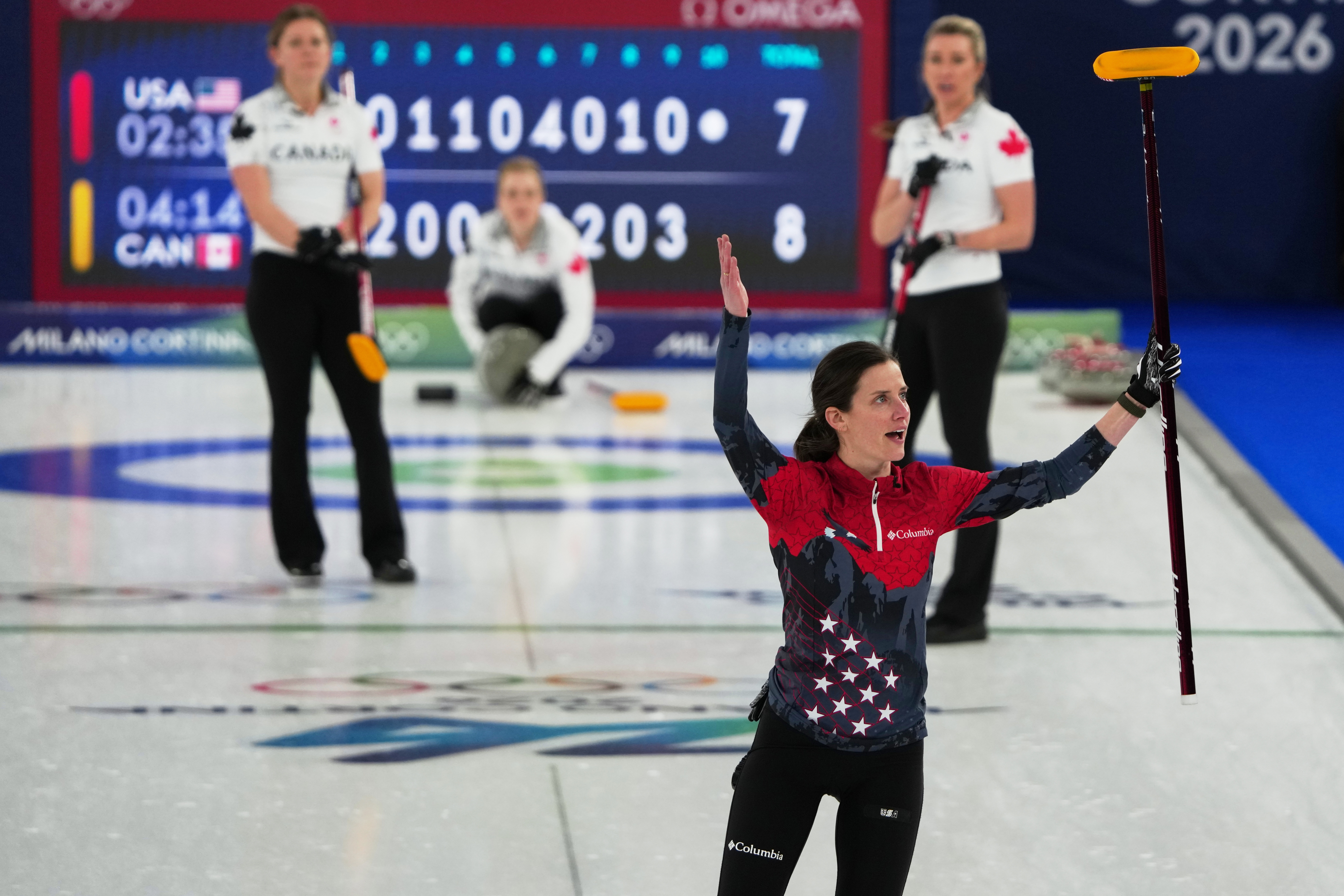 United States' Tara Peterson reacts during the women's curling round robin session against Canada, at the 2026 Winter Olympics, in Cortina d'Ampezzo, Italy, Friday, Feb. 13, 2026. 