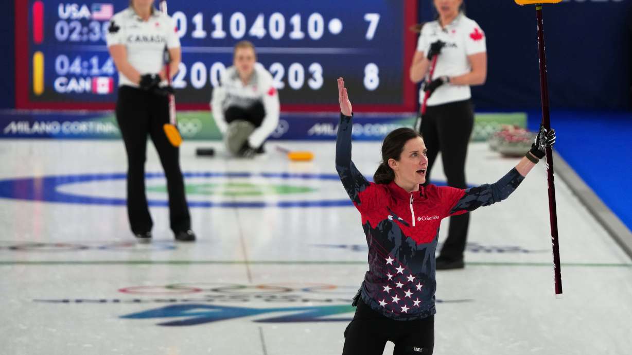 United States' Tara Peterson reacts during the women's curling round robin session against Canada, at the 2026 Winter Olympics, in Cortina d'Ampezzo, Italy, Friday, Feb. 13, 2026.