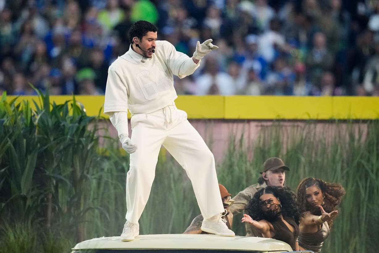 Bad Bunny performs during halftime of Super Bowl LX, Feb. 8, in Santa Clara, Calif. Latin music like Bad Bunny has been surging in popularity, according to a new report from Luminate.