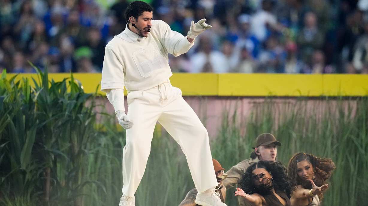 Bad Bunny performs during halftime of the NFL Super Bowl 60 football game between the New England Patriots and the Seattle Seahawks, Sunday, Feb. 8, 2026, in Santa Clara, Calif.
