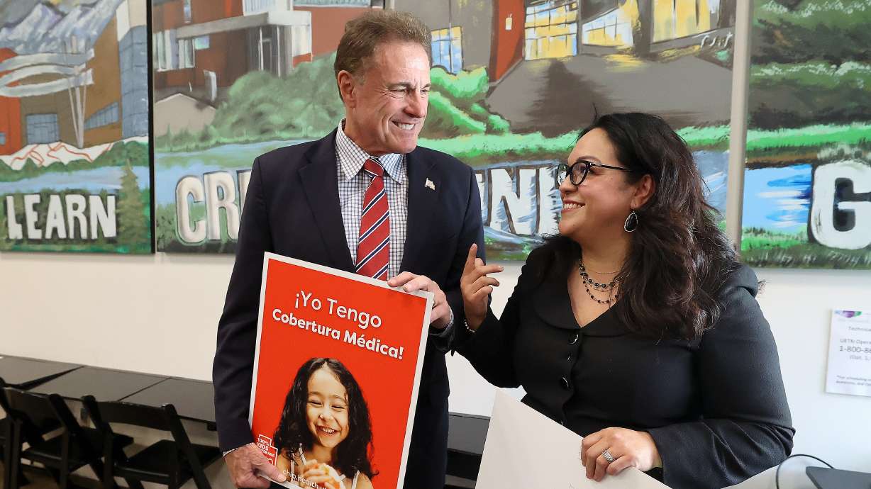 A Utah measure aimed at immigrants in the country illegally is sparking backlash from some. Rep. Jim Dunnigan and Sen. Luz Escamilla are pictured at an Oct. 4, 2023, press conference announcing a health insurance program that the bill threatens.