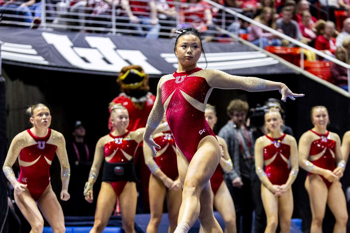 Utah’s Zoe Johnson competes in floor routine during an NCAA gymnastics meet against BYU held at the Huntsman Center in Salt Lake City on Friday, Feb. 13, 2026.