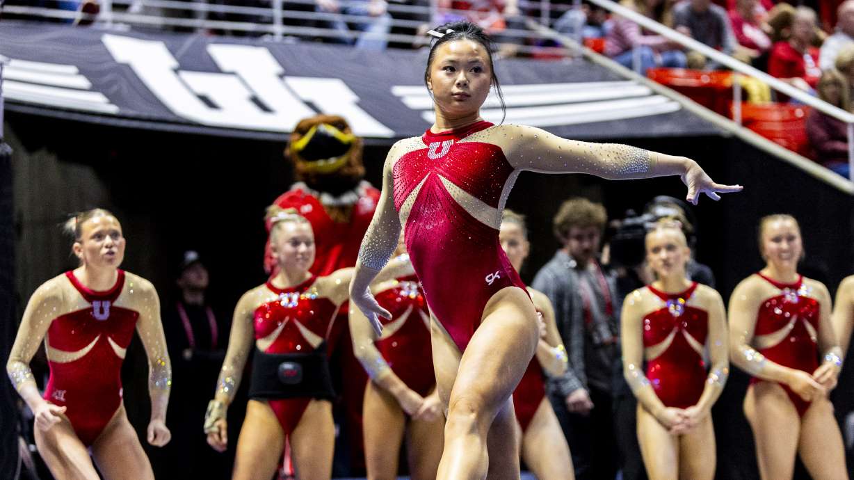 Utah’s Zoe Johnson competes in floor routine during an NCAA gymnastics meet against BYU held at the Huntsman Center in Salt Lake City on Friday, Feb. 13, 2026.