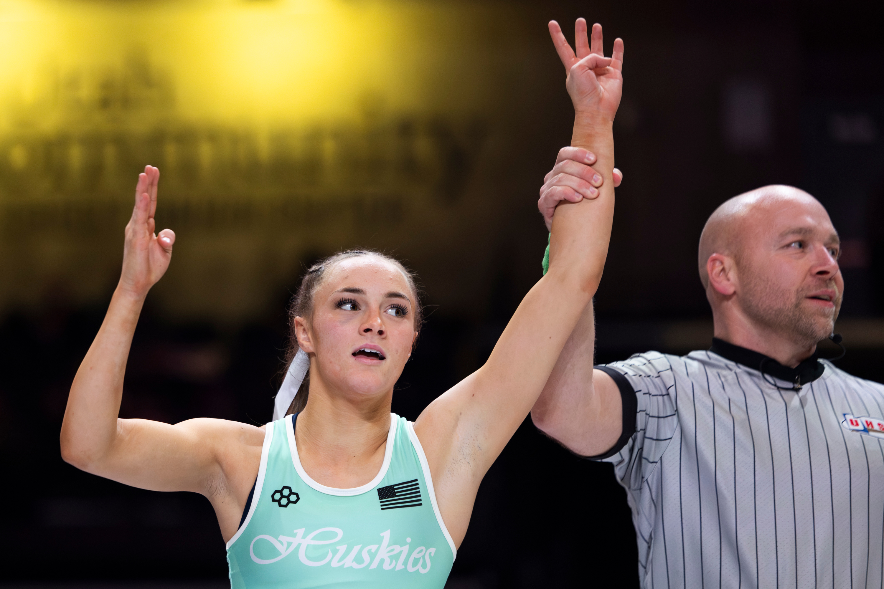 Hillcrest’s Eva Zimmerman celebrates after winning her fourth consecutive 5A girls wrestling state championship at the UCCU Center in Orem on Friday, Feb. 13, 2026.