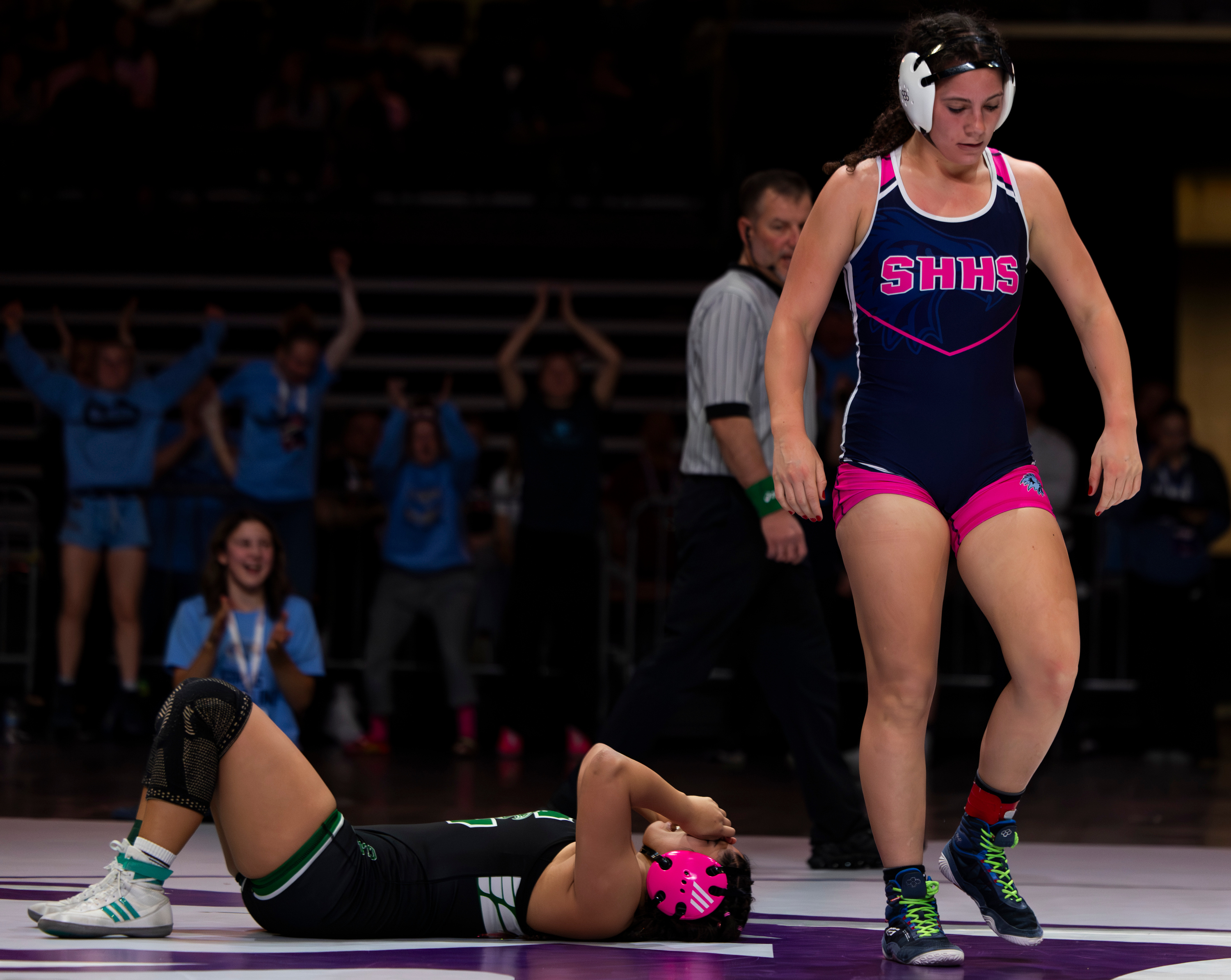 Wrestlers compete during the 5A girls wrestling state championship at the UCCU Center in Orem on Friday, Feb. 13, 2026.