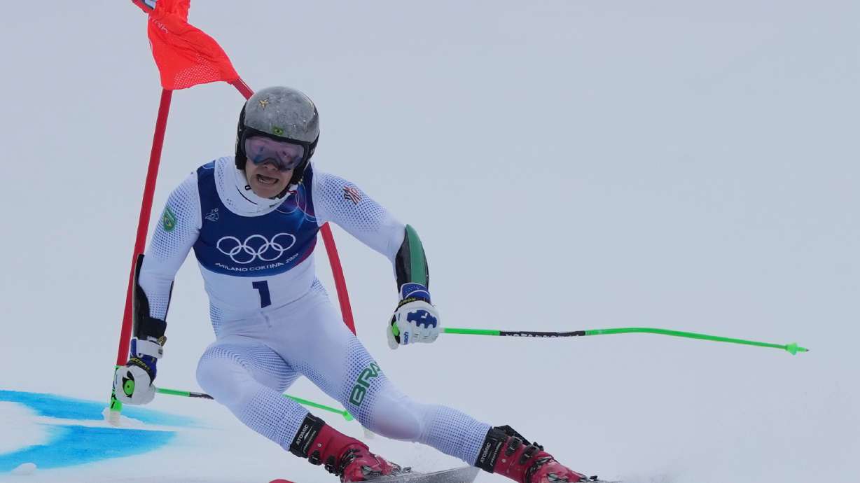 Brazil's Lucas Pinheiro Braathen competes during an alpine ski, men's giant slalom race, at the 2026 Winter Olympics, in Bormio, Italy, Saturday, Feb. 14, 2026.