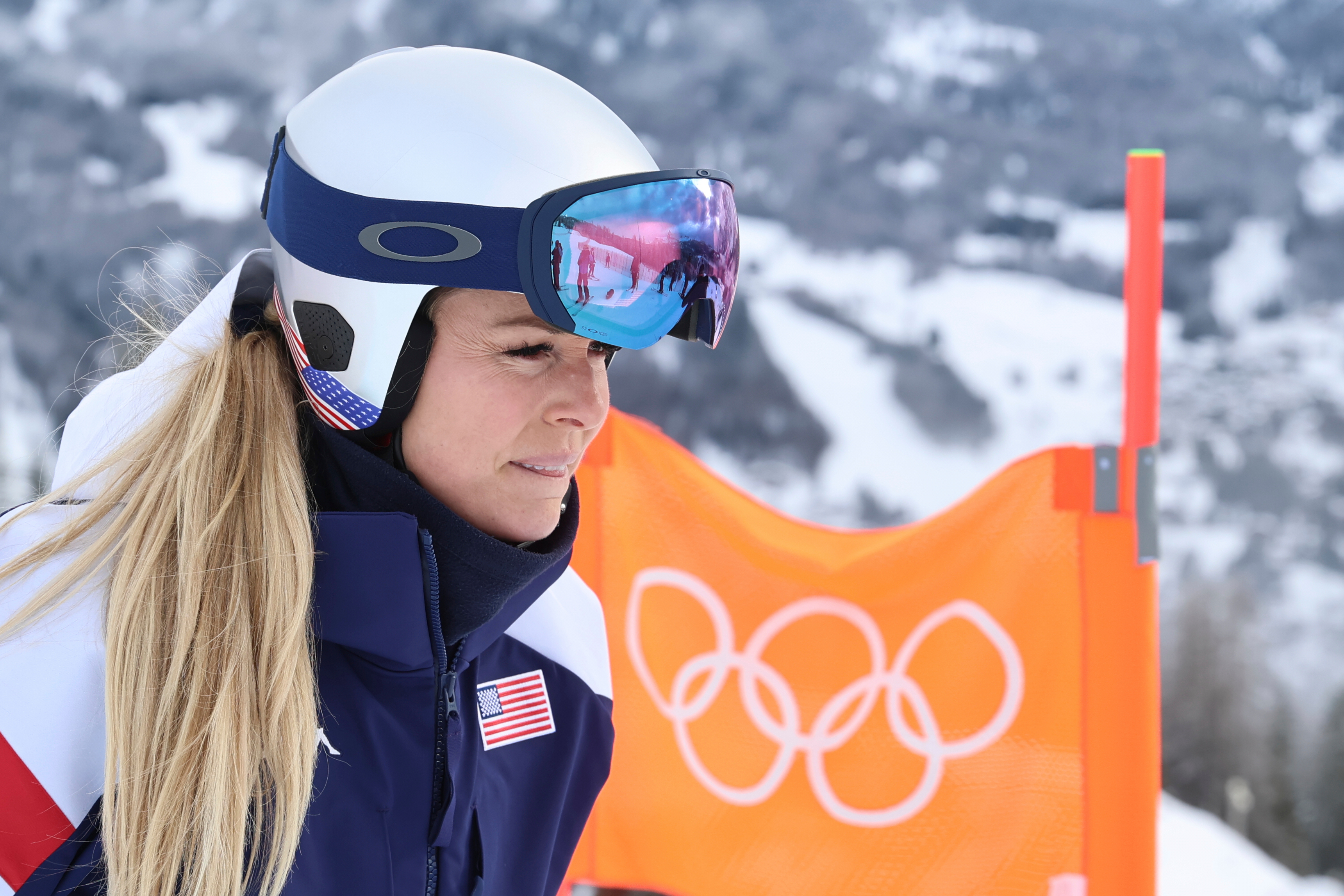 United States' Lindsey Vonn concentrates ahead of an alpine ski, women's downhill official training, at the 2026 Winter Olympics, in Cortina d'Ampezzo, Italy, Friday, Feb. 6, 2026. 