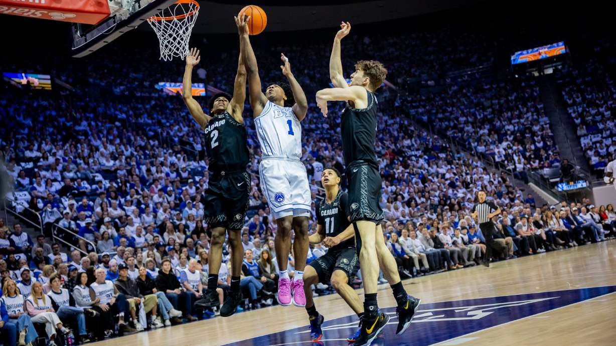 BYU’s Robert Wright III goes up for a shot during a game against the Colorado Buffaloes at the Marriott Center in Provo on Saturday, Feb. 14, 2026.