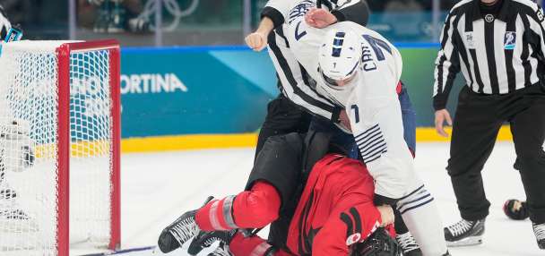Tom Wilson fights in Canada's game vs. France at the Olympics