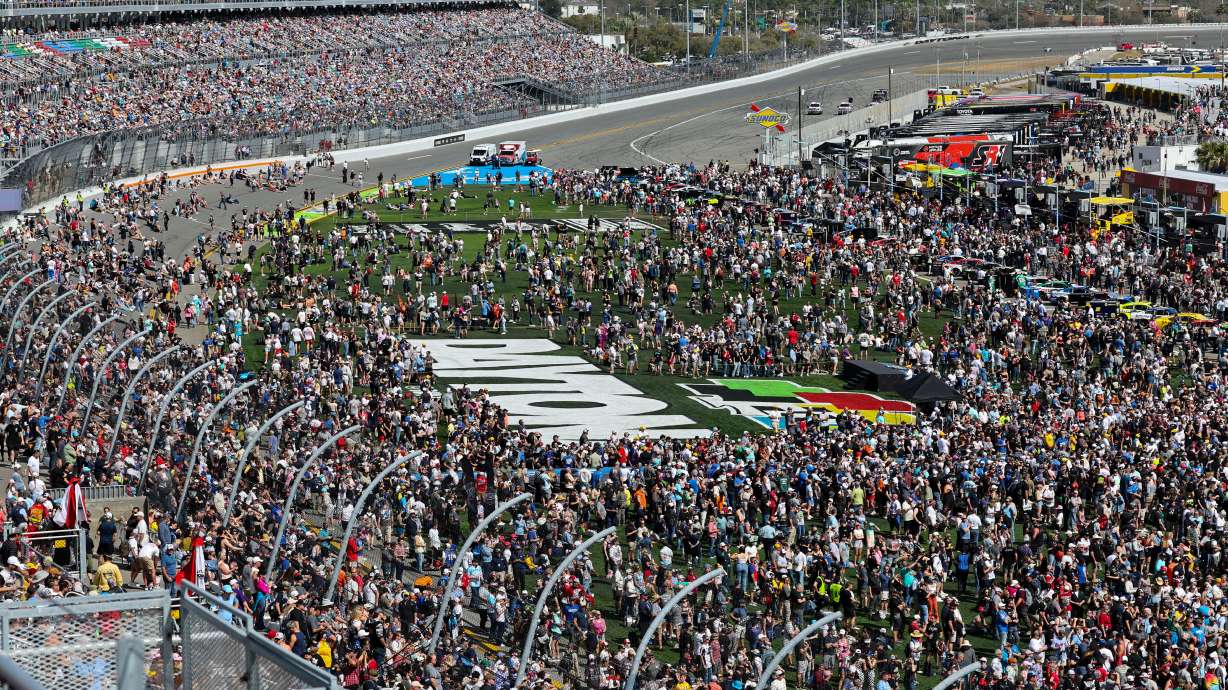 during the NASCAR Daytona 500 auto race at Daytona International Speedway, Sunday, Feb. 15, 2026, in Daytona Beach, Fla.