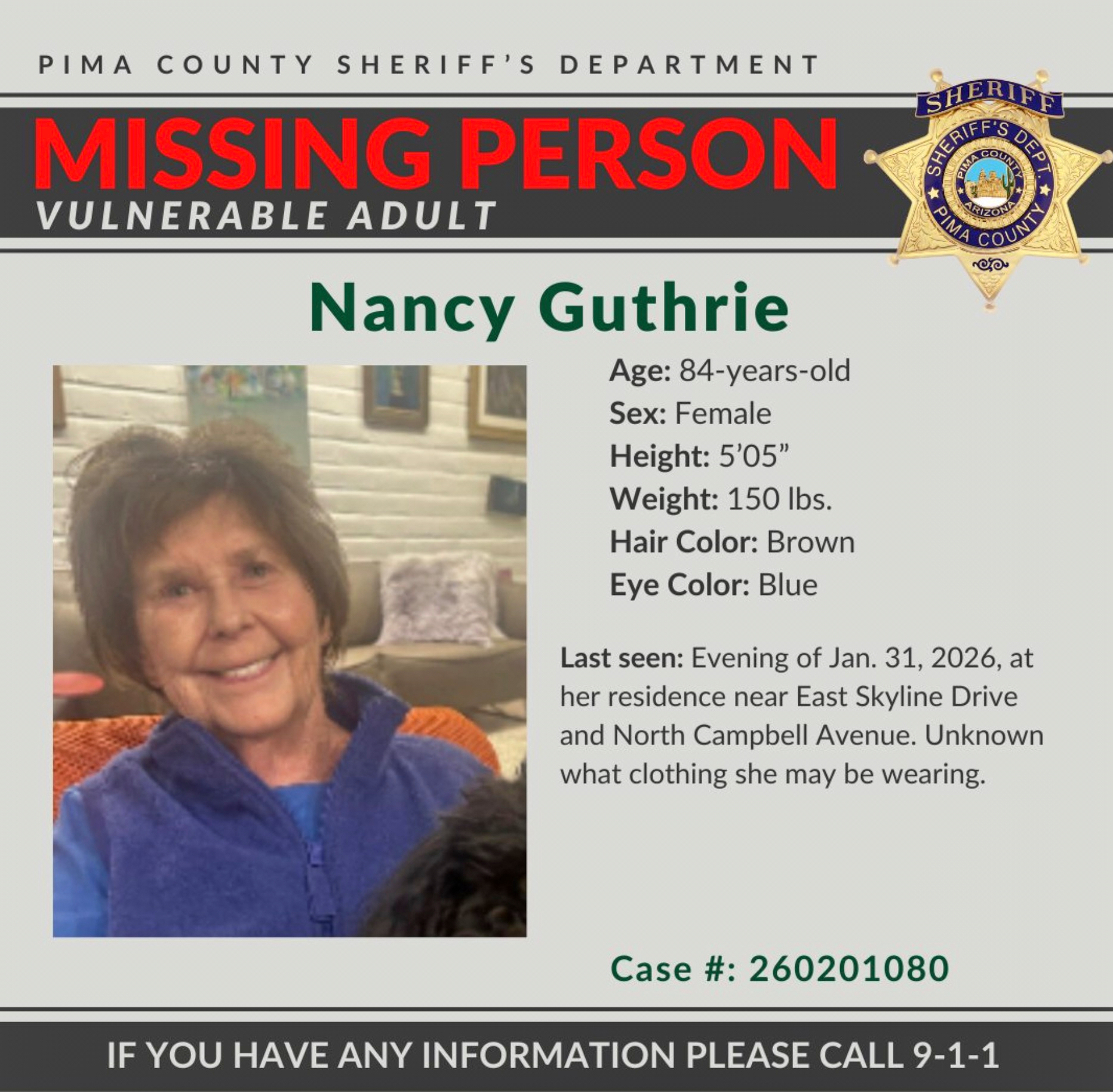 This image provided by the Pima County Sheriff's Department on Feb. 2 shows a missing person alert for Nancy Guthrie.