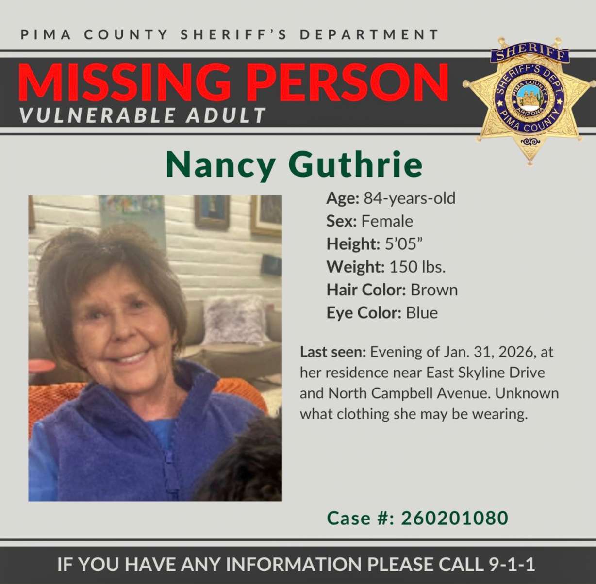 This image provided by the Pima County Sheriff's Department on Feb. 2 shows a missing person alert for Nancy Guthrie.