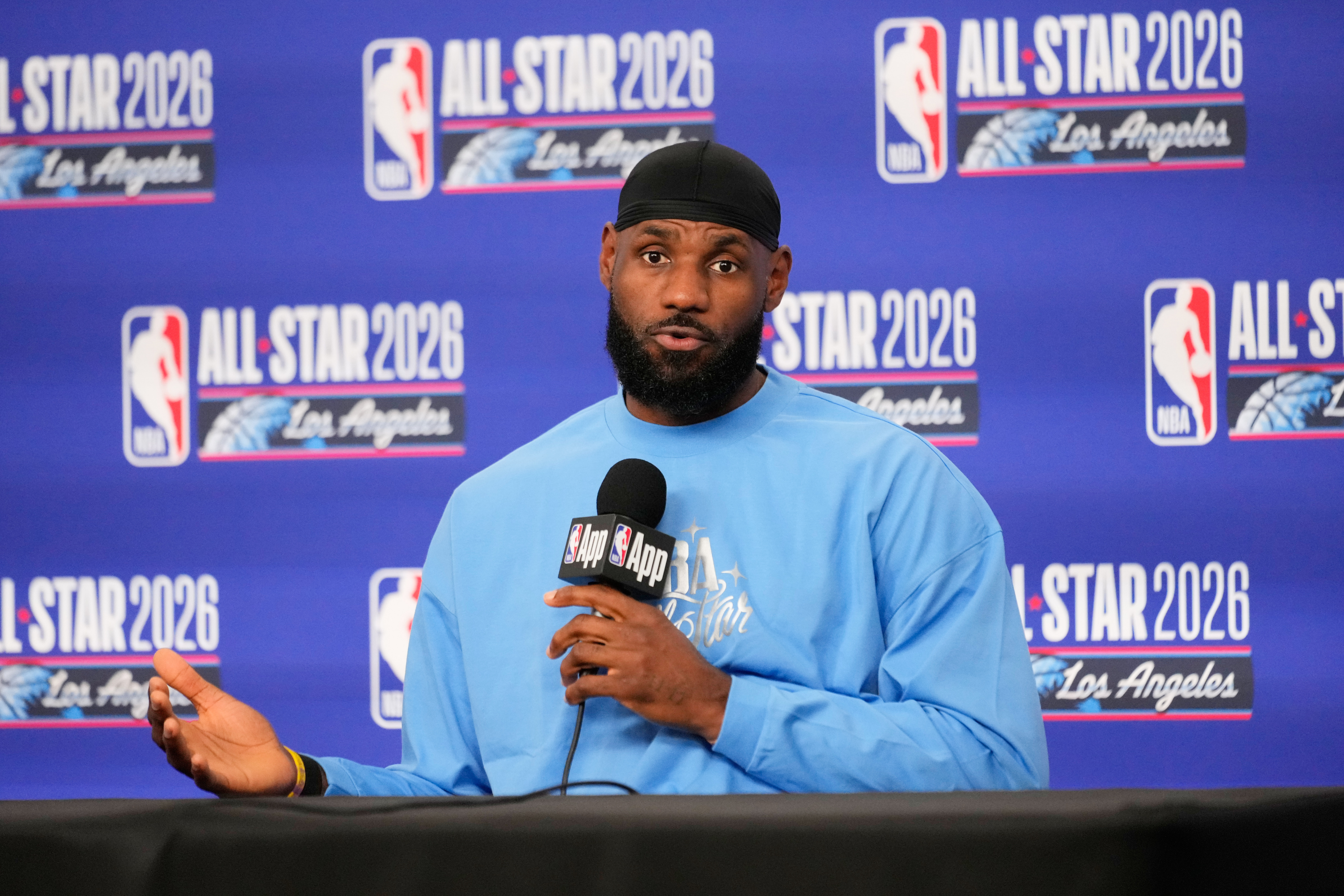USA Stripes forward LeBron James (23) answers questions before the NBA All-Star basketball game Sunday, Feb. 15, 2026, in Inglewood, Calif. 