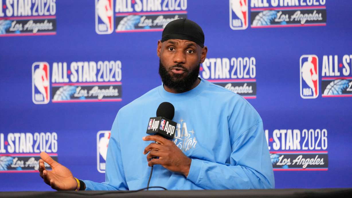 USA Stripes forward LeBron James (23) answers questions before the NBA All-Star basketball game Sunday, Feb. 15, 2026, in Inglewood, Calif.