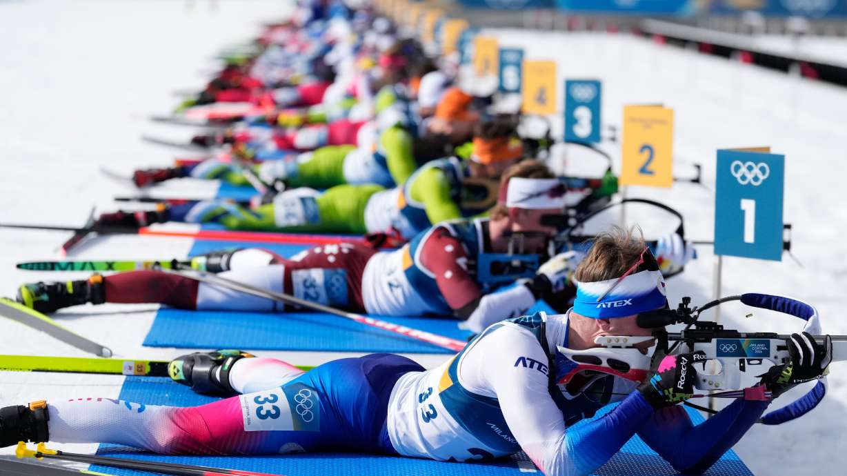Tomas Mikyska, of Czechia, front, competes during the men's 12.5-kilometer pursuit biathlon race at the 2026 Winter Olympics in Anterselva, Italy, Sunday, Feb. 15, 2026.
