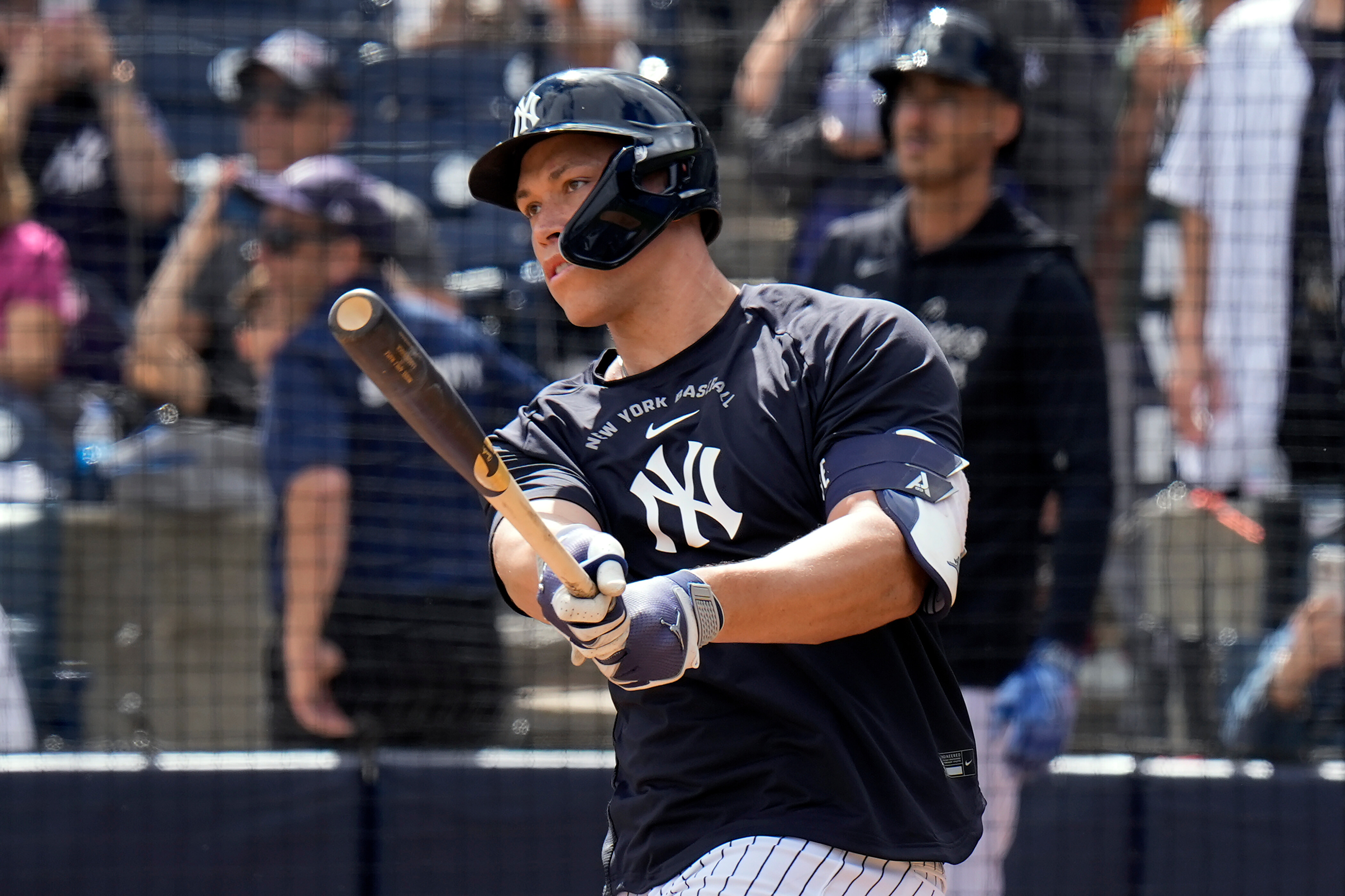 New York Yankees' Aaron Judge takes live batting practice during a spring training baseball workout Monday, Feb. 16, 2026, in Tampa, Fla.