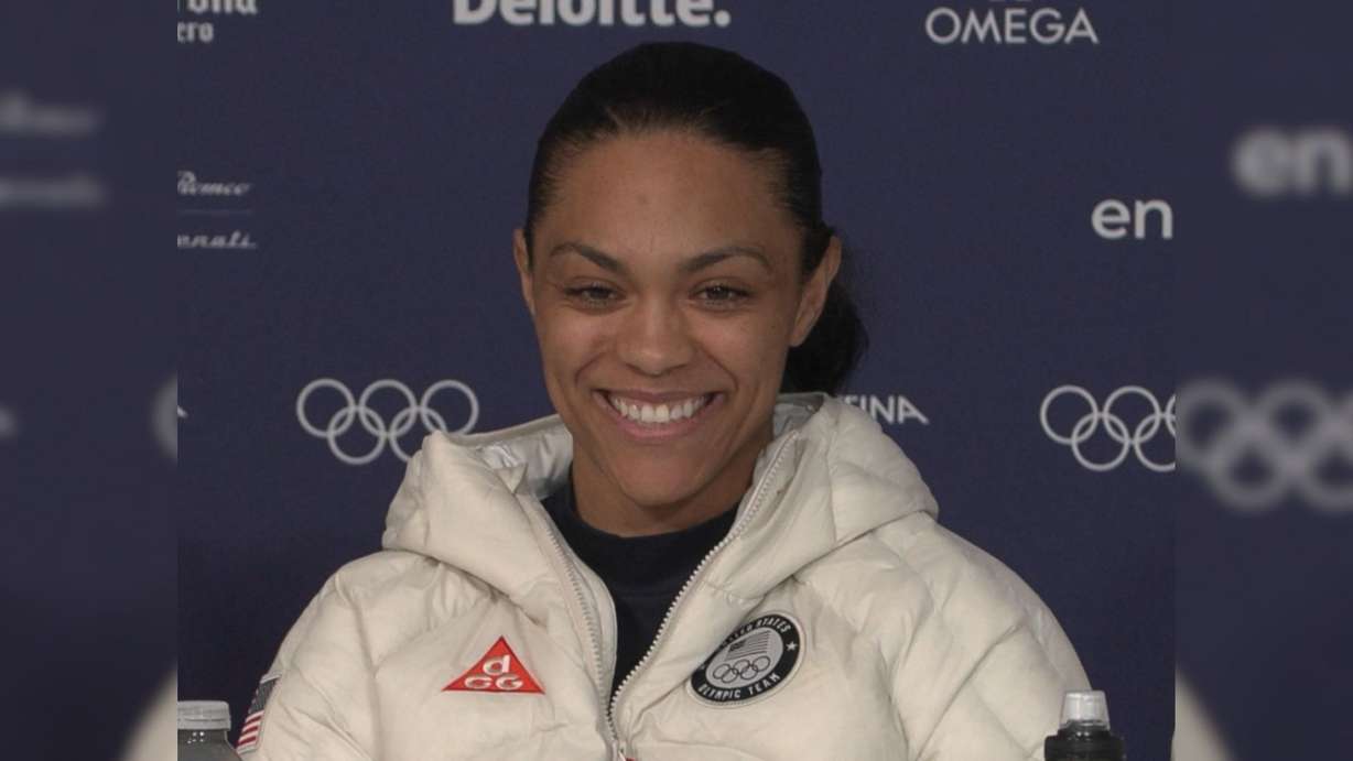 Kaysha Love at a press conference in Cortina, Italy, Saturday. Love sits in fifth place following the first runs of the women's monobob competition.