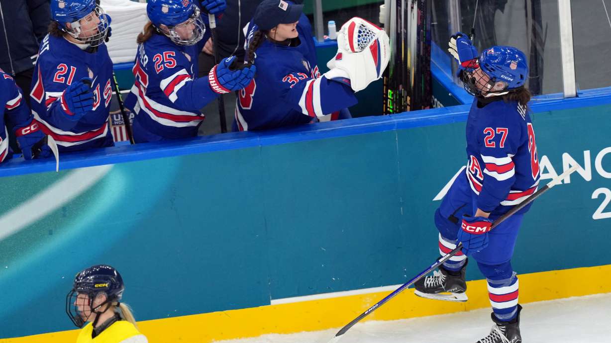 United States' Taylor Heise (27) celebrates after scoring a goal against Sweden during the second period of a women's ice hockey semifinal match at the 2026 Winter Olympics, in Milan, Italy, Monday, Feb. 16, 2026.