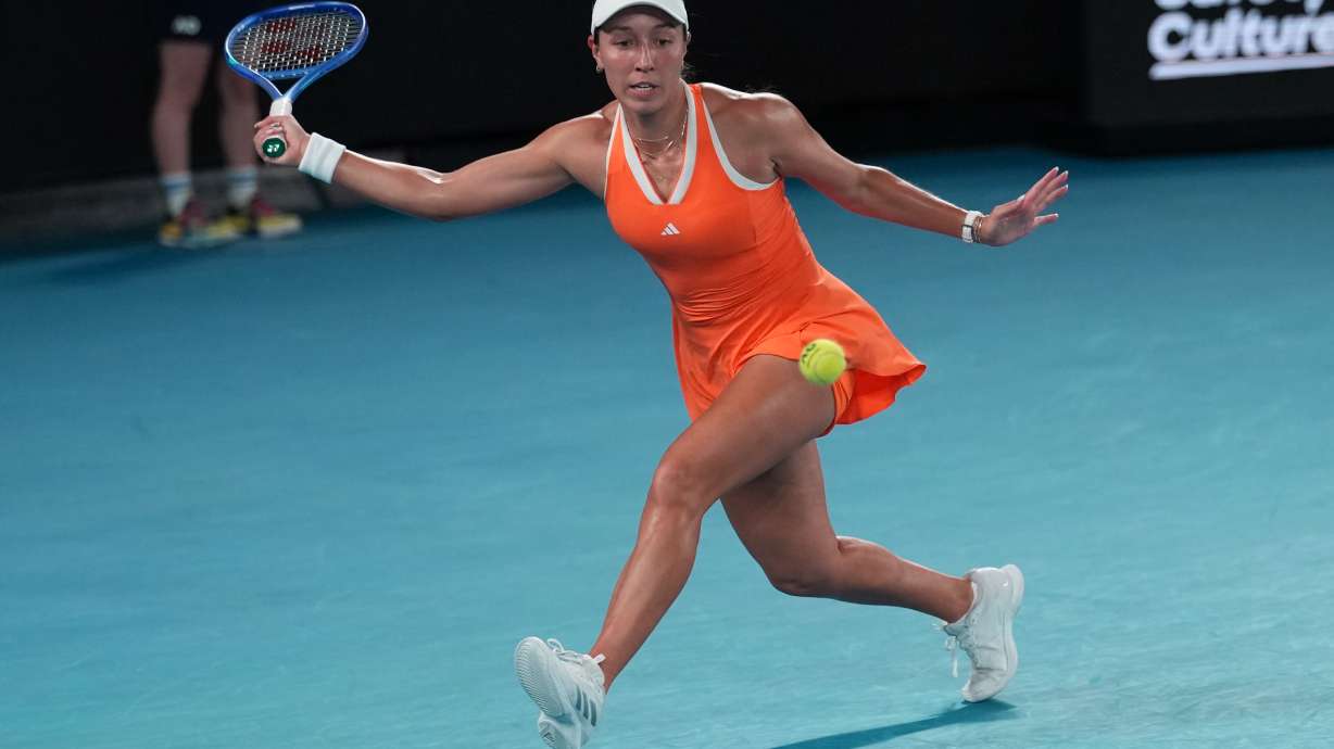 Jessica Pegula of the U.S. plays a forehand return to Elena Rybakina of Kazakhstan during their semifinal match at the Australian Open tennis championship in Melbourne, Australia, Thursday, Jan. 29, 2026.