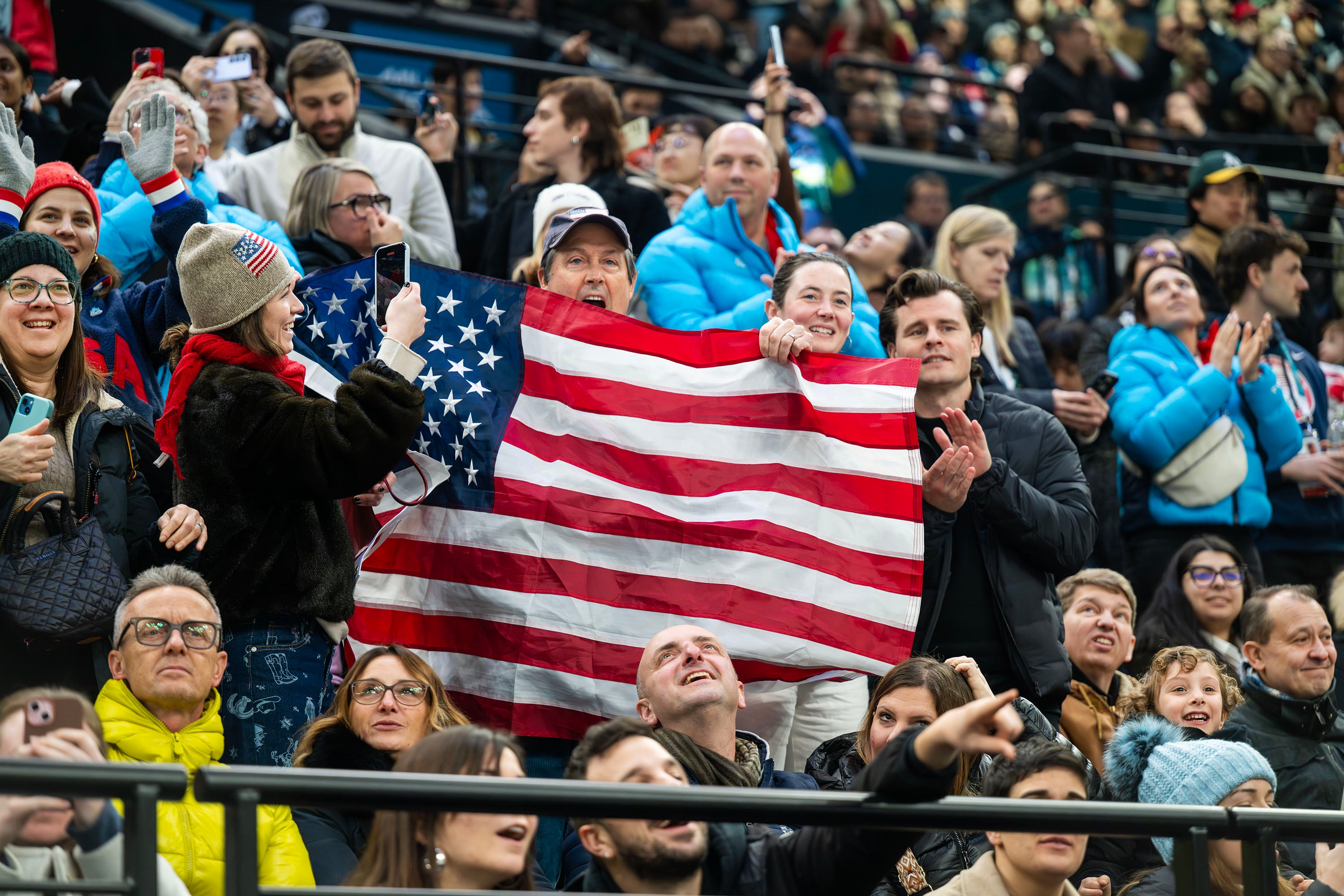 Fans at the Milano Rho Ice Hockey Arena for a USA women's hockey game at the 2026 Winter Olympics in Milan, Italy, on Feb. 10. Gov. Spencer Cox said the Italian Games had its share of problems, but also successes.