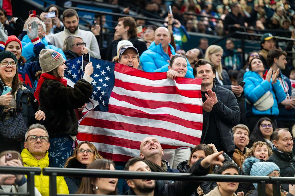 Fans at the Milano Rho Ice Hockey Arena for a USA women's hockey game at the 2026 Winter Olympics in Milan, Italy, on Feb. 10. Gov. Spencer Cox said the Italian Games had its share of problems, but also successes.